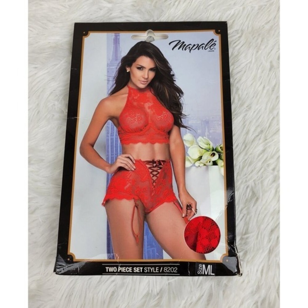 Mapale Lingerie Red Lace 2 Piece Set‎ Halter Bralette Garter Shorts 8202 M/L